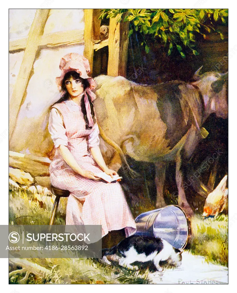 FARM GIRL MILKING A COW BEAUTIFUL MILK MAID PAINTING ART PRINT ON REAL  CANVAS