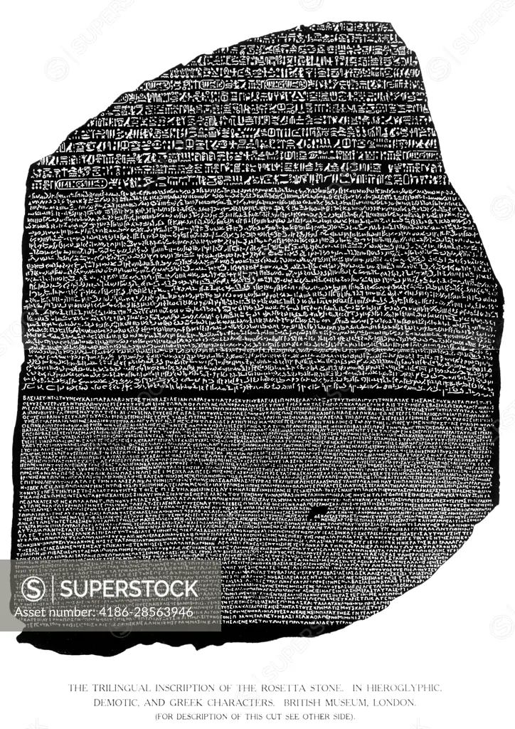 196 BCE ROSETTA STONE TRILINGUAL WRITING IN EGYPTIAN HIEROGLYPHIC & DEMOTIC AND GREEK SCRIPT IT REMAINS INTHE BRITISH MUSEUM