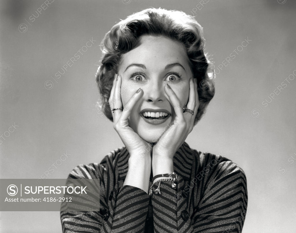 1950S 1960S Portrait Of Wacky Woman Hands On Face With Smiling Excited ...