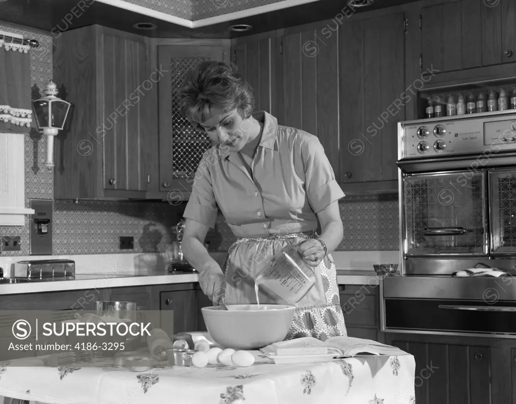 1960S Woman Household Prepare Food Mix Kitchen