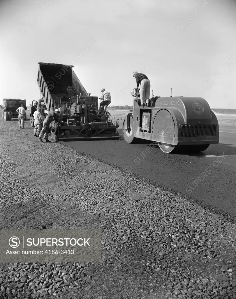 1950S 1960S Highway Construction Road Heavy Machinery Pave Paving Asphalt Macadam Tar Pavement Tarmac Men Workers