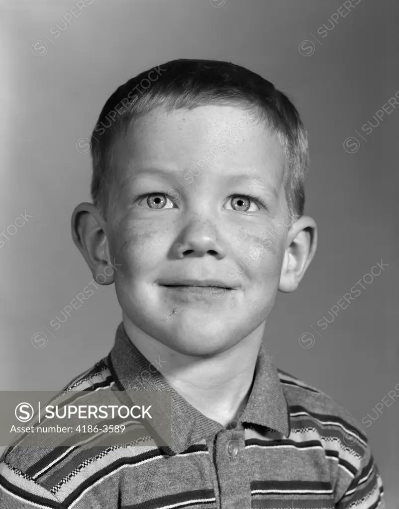 1960S Smiling Boy Portrait Striped Tee Shirt School Photo