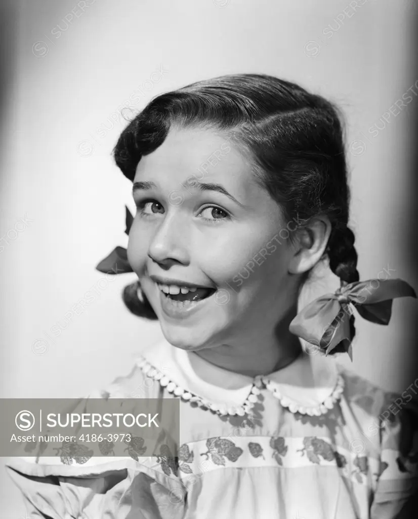 1950S Smiling Girl Pigtails Ribbon Bow Funny Face 3 4 Profile Portrait