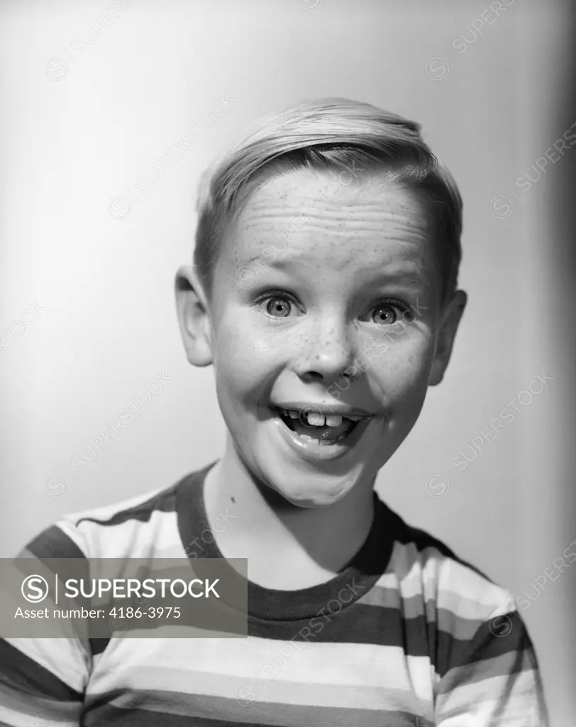 1950S Portrait Happy Smiling Boy Stripe Shirt Silly Elated Facial Expression