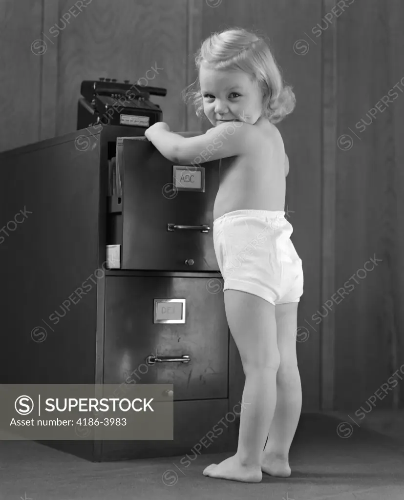 1940S Blond Toddler Wearing  Underpants Opening Drawer File Cabinet