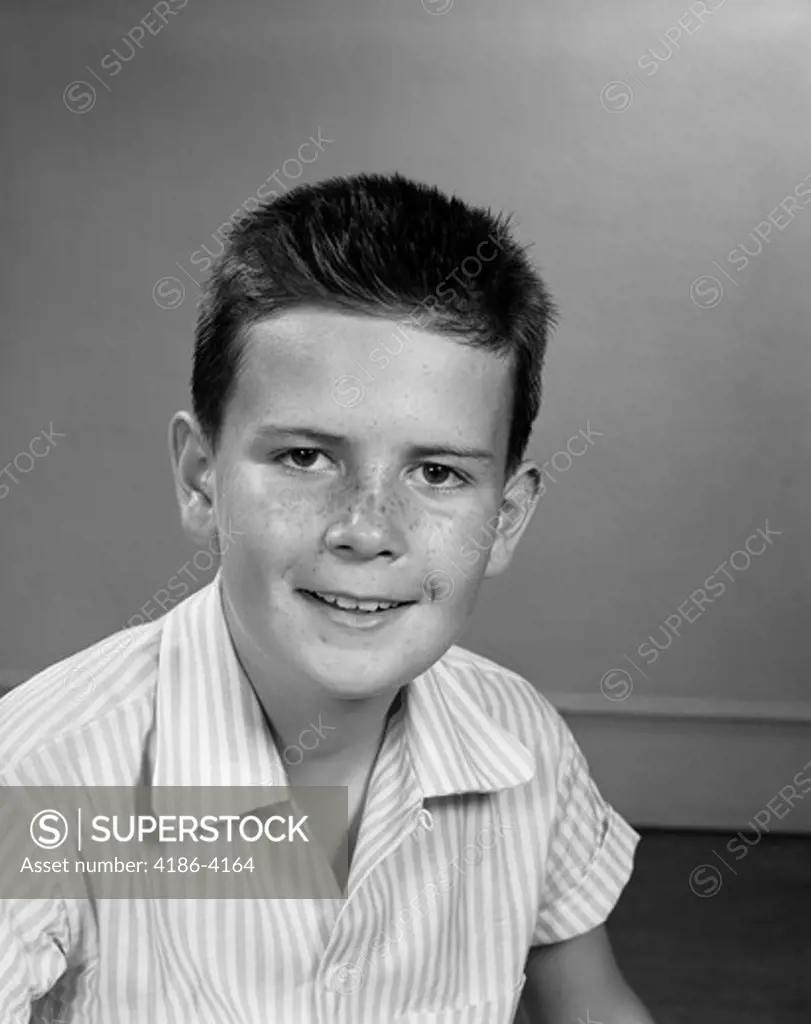 1960S 1950S Smiling Pre-Teen Boy Freckled Nose Long Crew Cut Hair ...