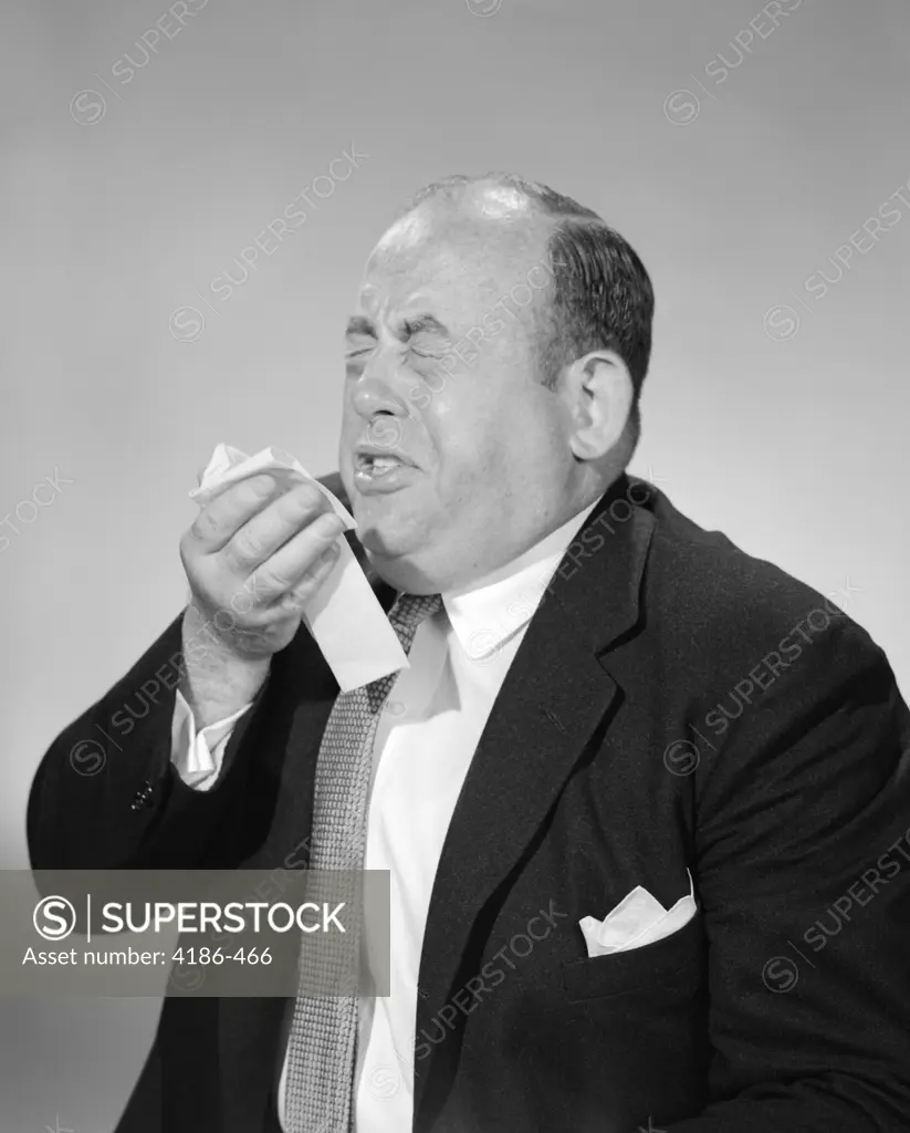 1950S 1960S Bald Man Sneezing Cold Flu Sick Sickness Handkerchief To Nose Sneeze Allergy Allergies Men Illness