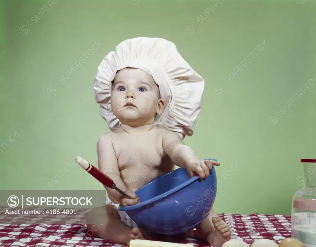 1960S Baby In Chef Hat With Mixing Bowl And Spoon