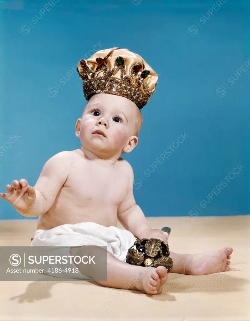 1960S Baby Wearing Cloth Diaper  And Crown Holding A Scepter