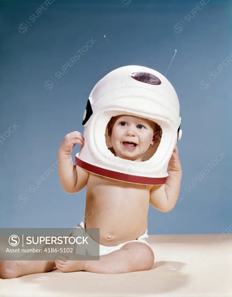 1960S Baby Wearing Styrofoam Astronaut Helmet