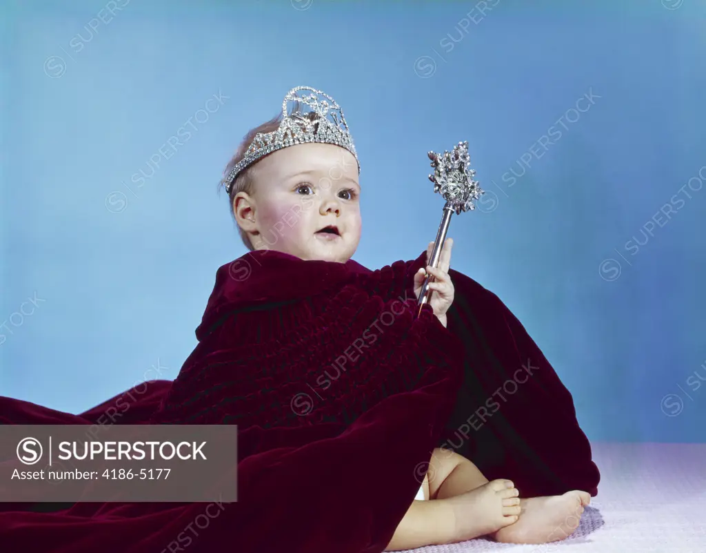 1960S Baby Dressed As Royal Queen In Velvet Robe Cloak Cape Rhinestone Tiara Crown And Scepter Wand