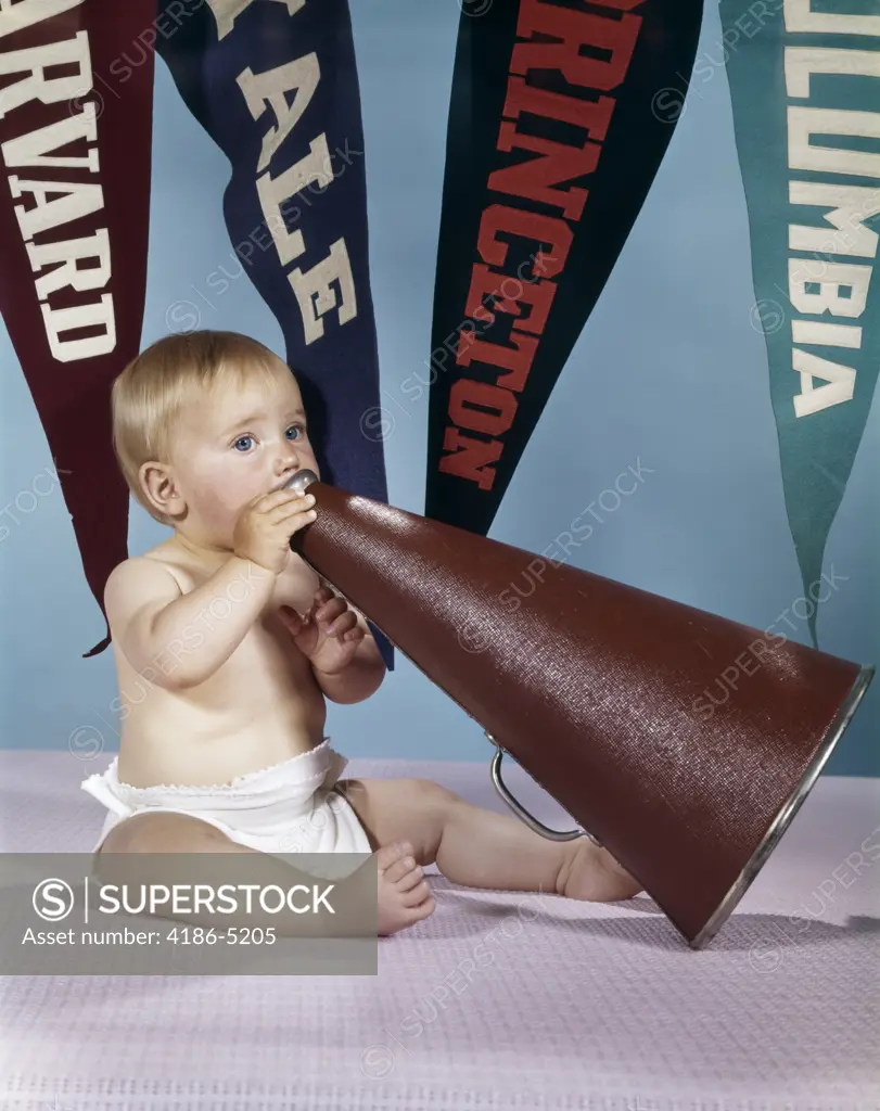 1960S Baby Shouting Into Cheerleader Megaphone College Pennants In Background