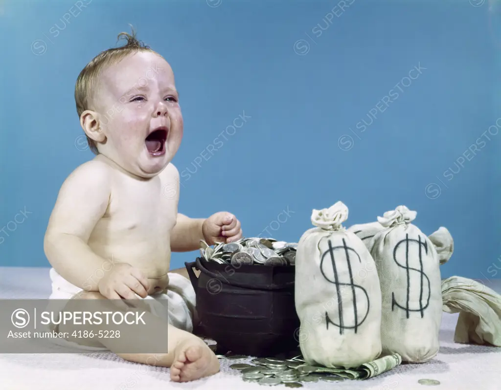 1960S Crying Shouting Baby With Money Bags And Pot Of Coins Win Lottery Fortune Wealth Tears Of Joy