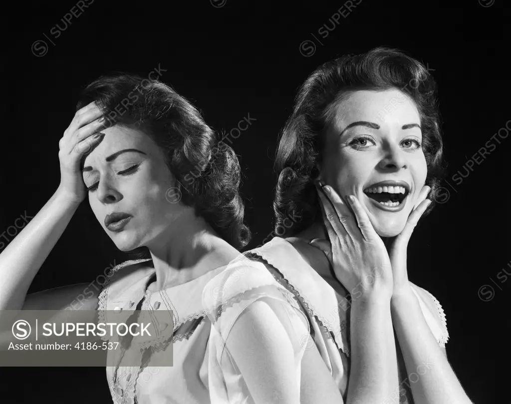 1950S 1960S Woman Double Exposure One Side Has Hand To Head In Pain Other Has Hands To Face Smiling Feeling Better Looking At Camera