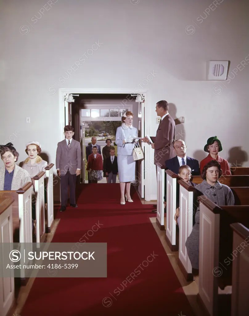 1950S Church Interior Aisle People Men Women Children Seated In Pews & Entering Center Doors Family Congregation Worship