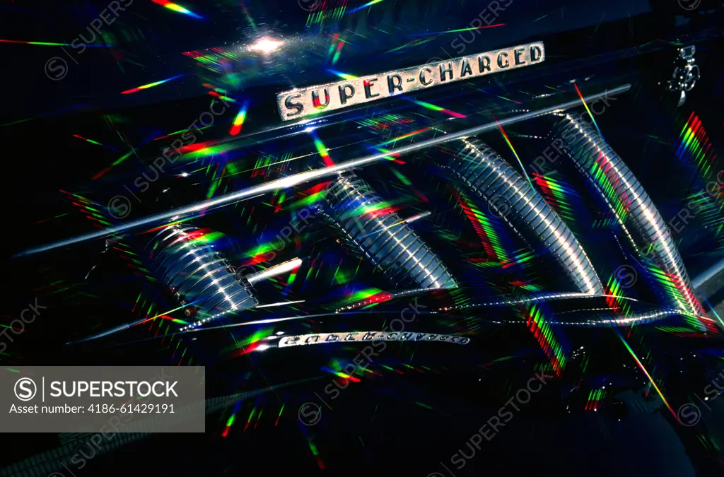 1930s 1930 RETRO SUPER CHARGED MANIFOLD PRISMATIC GRAPHIC EFFECT REFRACTED LIGHT COLORFUL SPEED METALLIC