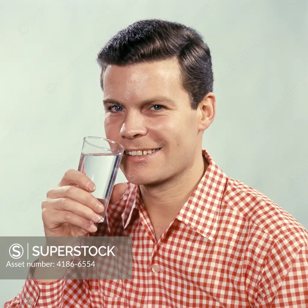 1960S Smiling Man Red Checked Shirt Drinking Glass Water Drink