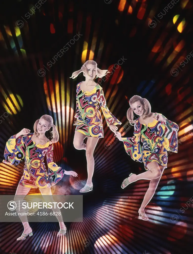 1970S Triple Exposure Of Young Woman In Patterned Dress Dancing Through Strobe Lights  