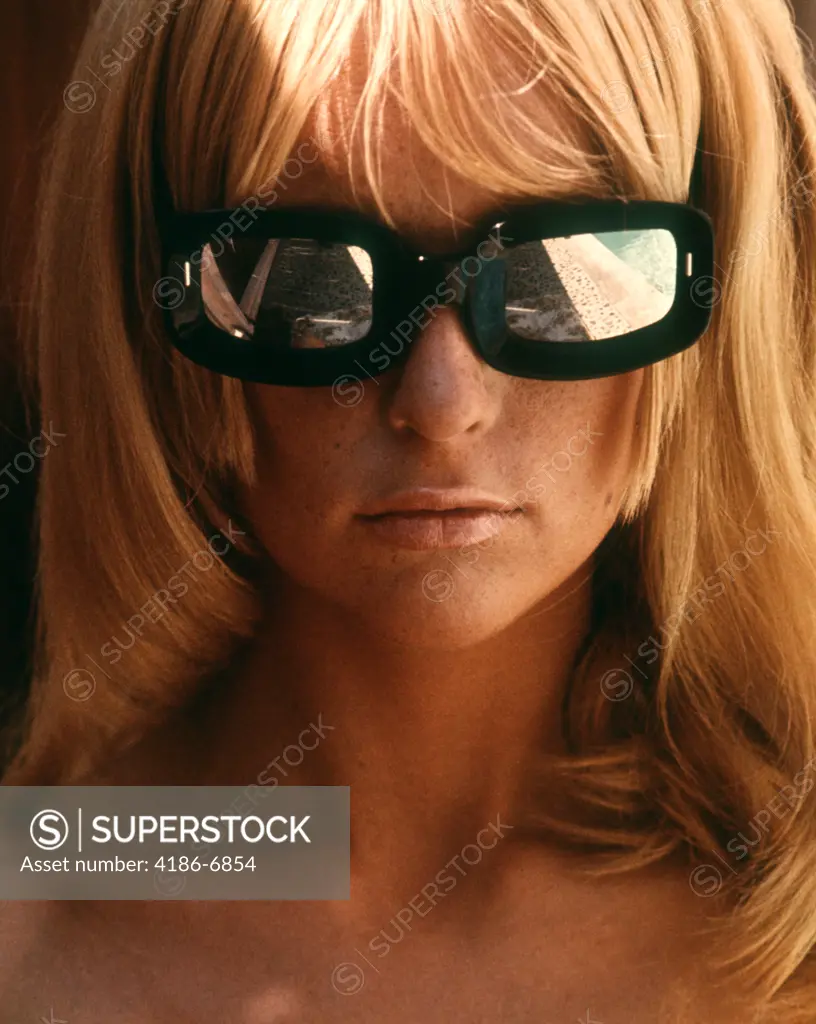 1970S Blond Woman Face Freckles Sunglasses Reflecting Swimming Pool Pink Lips Pouting Sexy