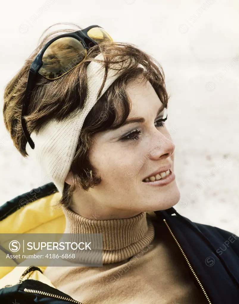 1970S Brunette Woman Wearing Ski Parka Headband Sunglasses Turtleneck Sweater  