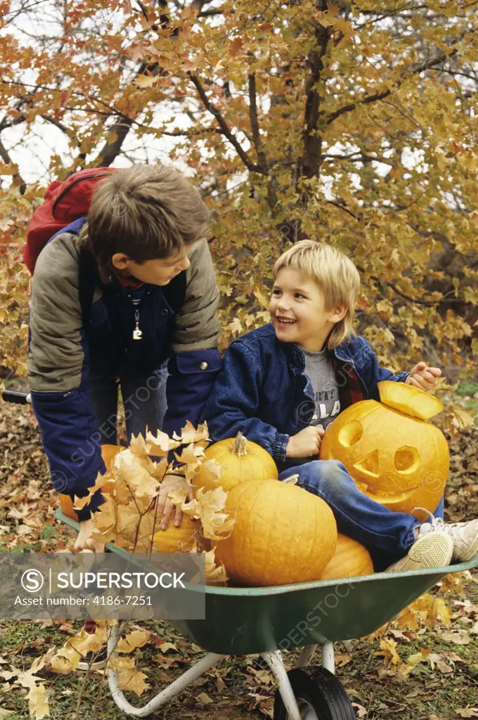 1980S Two Boys With Wheel Barrow And Halloween Pumpkins