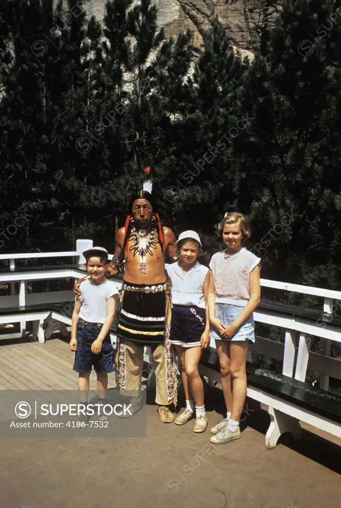 1950S Boy And Two Little Girls Posing With An Native American Indian Mount Rushmore