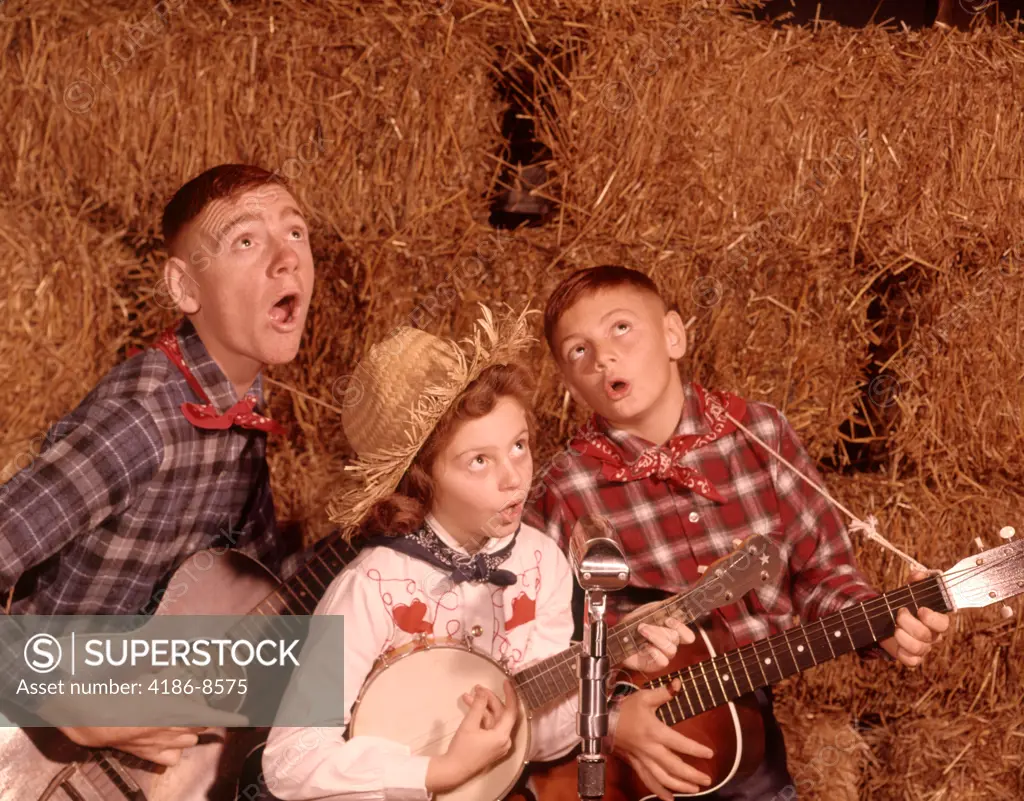 1950S 1960S Two Brothers And A Sister Playing Instruments Guitars And Banjo Singing Country Music