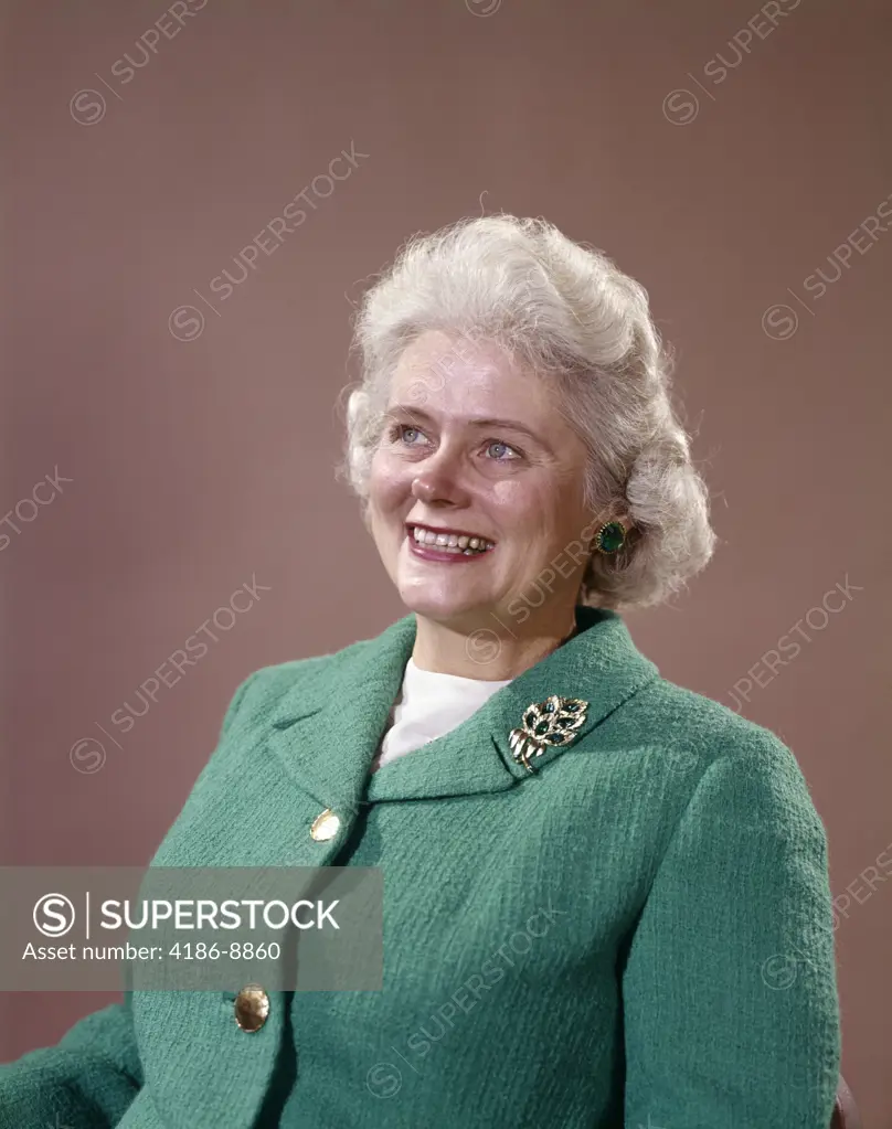 1960S Portrait Smiling Elderly Gray Haired Woman In Green Wool Knit Suit Brooch Pin On Lapel Senior Mature