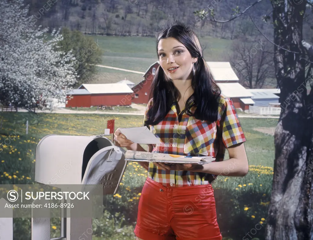 1970S Woman Farm Girl With Pigtails By Postal Mailbox