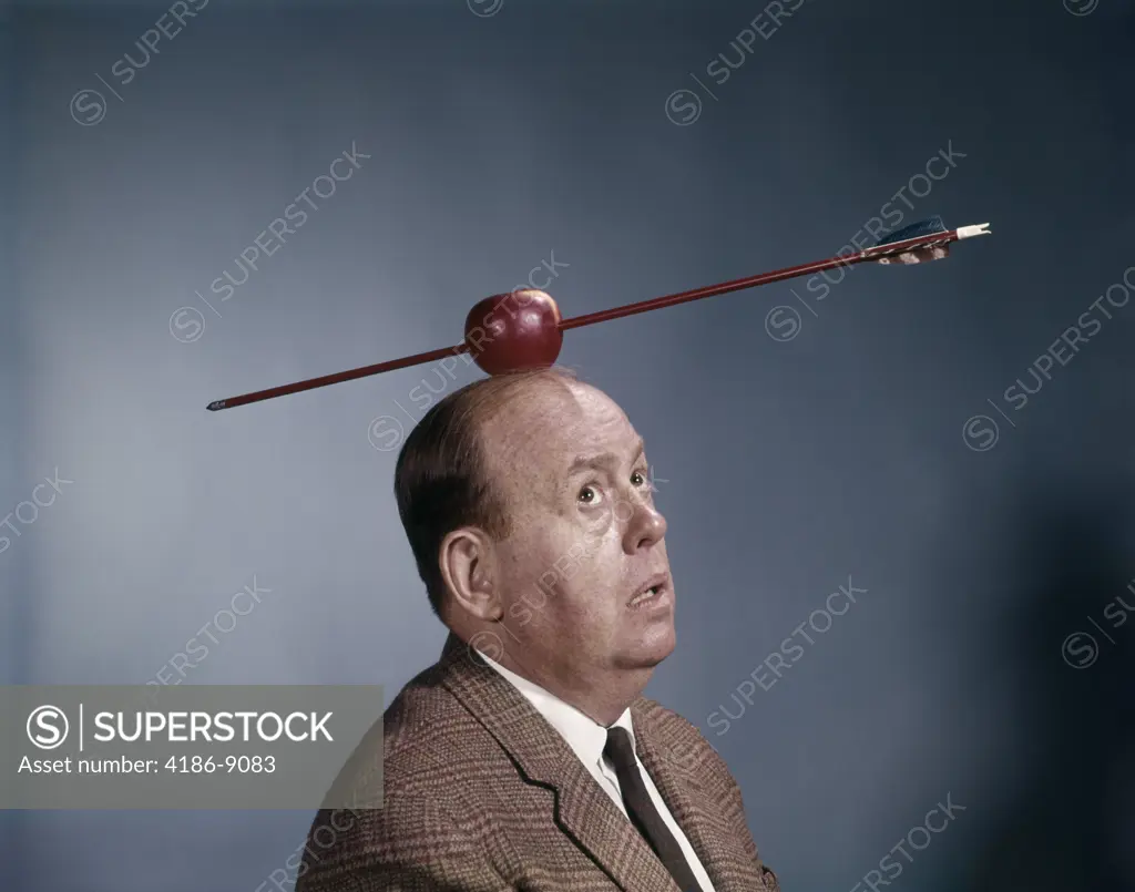 1960S Anxious Nervous Man Looking Up At Arrow In Apple Target Top His Head Symbol William Tell Humor