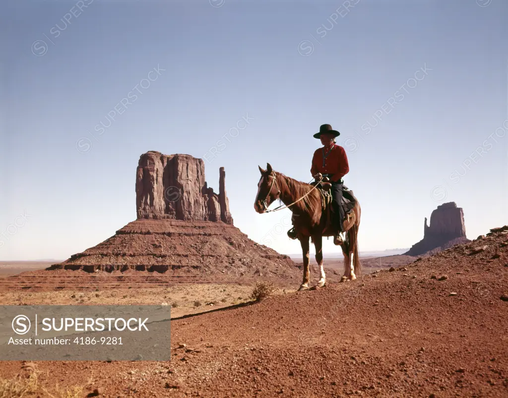 1960S Lone Indian On Horse In Monument Valley Navajo Indian Reservation Native American Desert Retro Vintage