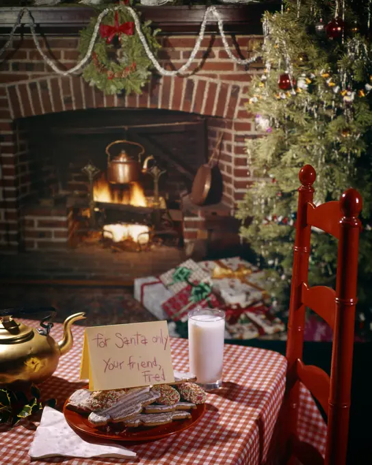 1960s 1970s CHRISTMAS FIREPLACE & TREE TABLE WITH COOKIES GLASS OF MILK AND NOTE FOR SANTA