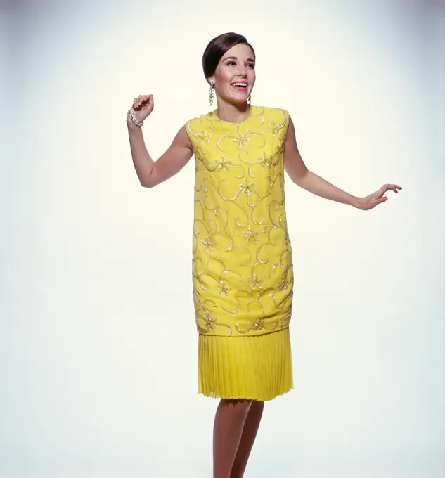 1960S Smiling Brunette Woman Modeling Yellow Sequined Cocktail Dress Clothes