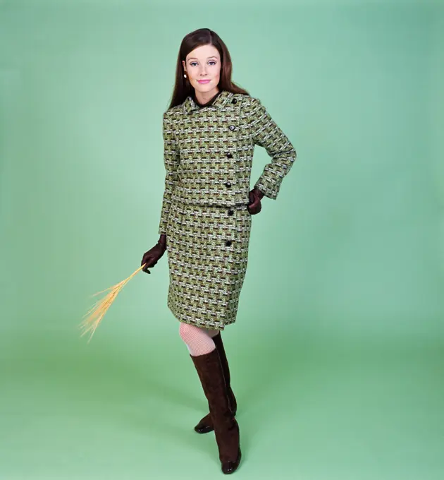 1960S Young Woman Modeling Green Wool Knit Two Piece Suit Fishnet Stockings Boots Full Length Clothe