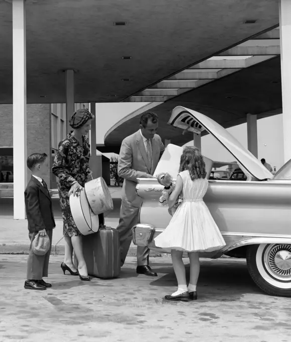 1950S 1960S Family Of Four Packing Automobile Trunk With Luggage & Hatboxes