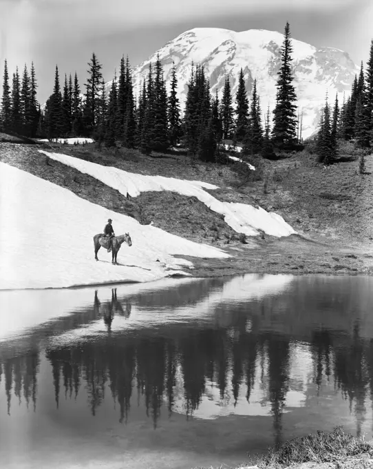 1930S Horse And Rider Mountains Lake Trees Banff National Park Canadian Rockies Alberta Canada