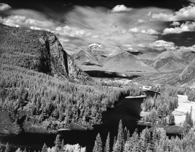 1970S Bow River Valley Banff National Park Alberta Canada River Buried Between Mountains With Evergreen Trees