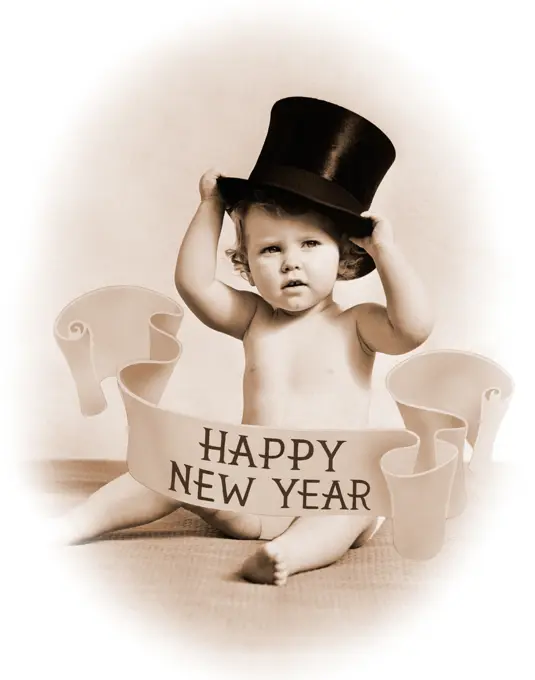 1940S New Year'S Baby With Top Hat And Banner