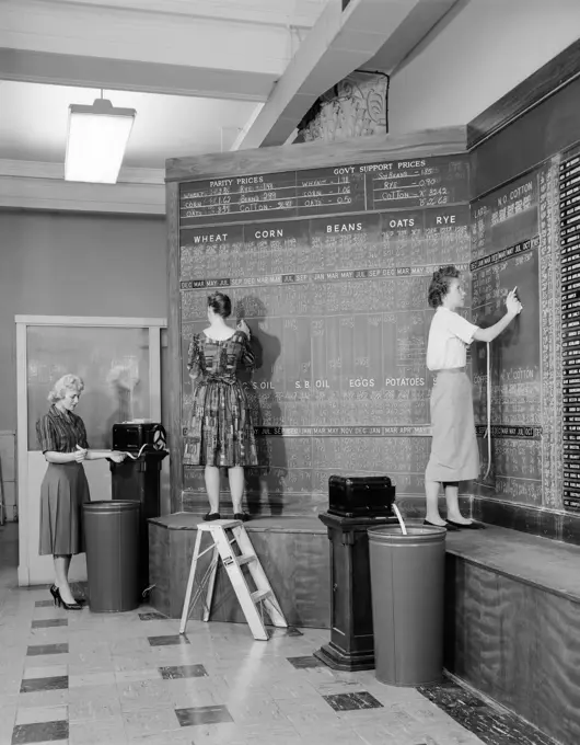 1950S Women At Chalk Quote Board In Brokerage House