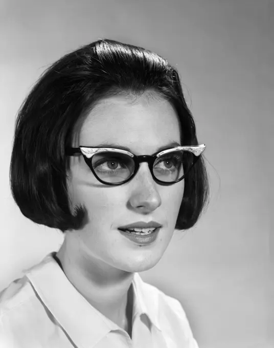 1960S Portrait Young Brunette Woman Wearing Fashion Frame Eyeglasses