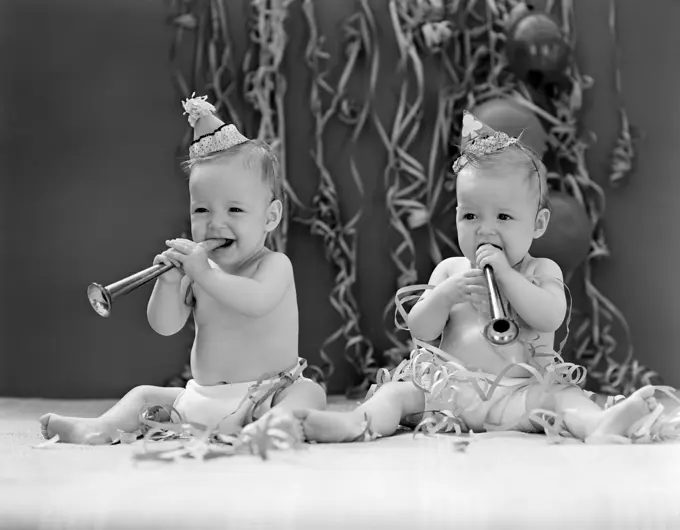 1940S Twin Babies With Party Hats Horns And Paper Streamers New Year Celebration Studio