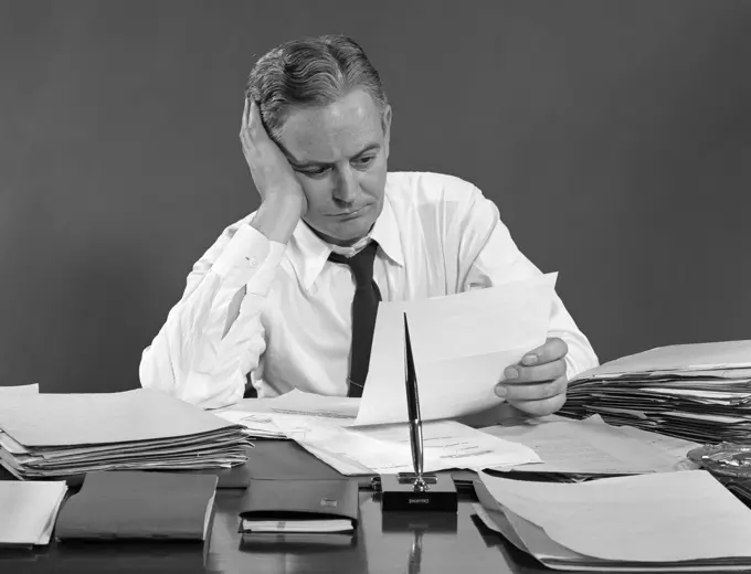 1950S Man Business Paperwork Tired Overworked