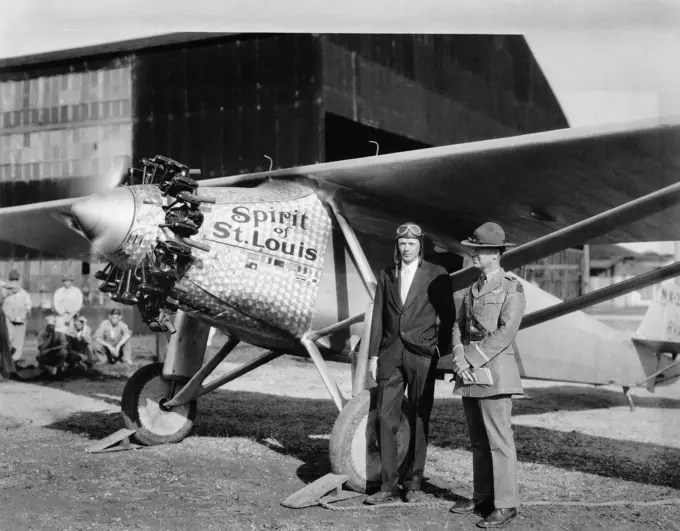 1920S Charles Lindbergh And Lt. Col. Fisher At France Field By Spirit Of St. Louis Airplane