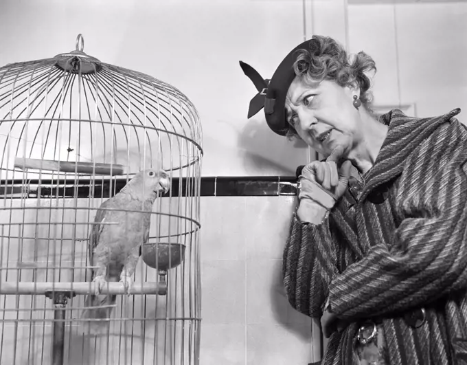 1940S Funny Woman In Hat & Coat Talking To Parrot In Bird Cage