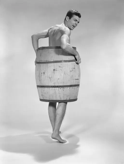 1960S Angry Naked Man Wearing Barrel