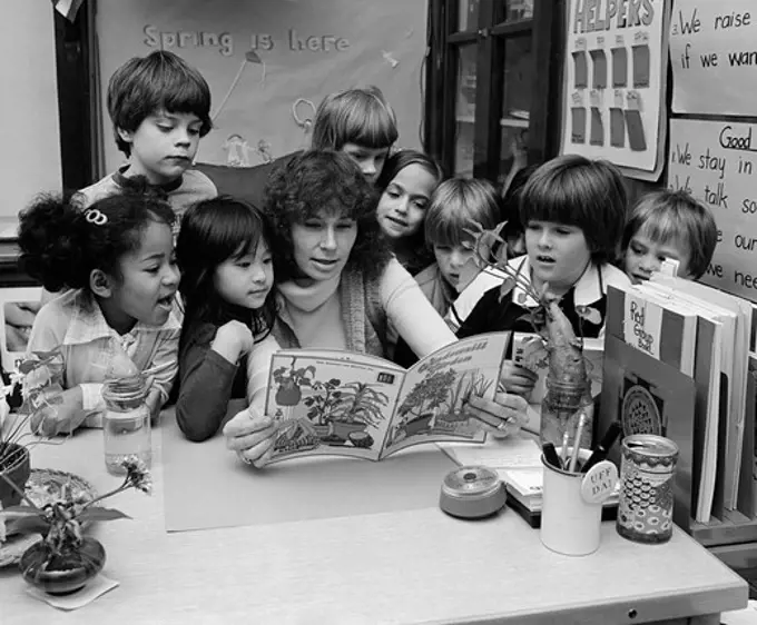 1980S Teacher Reading Book To Group Of Grade School Students Gathered Around Her