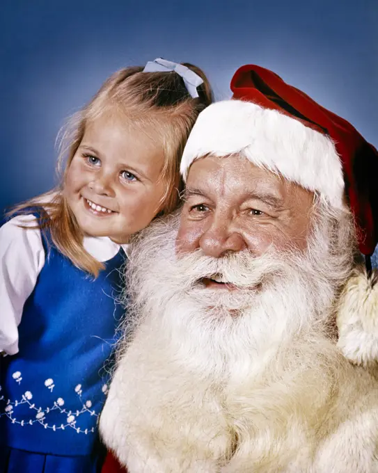 1960s PORTRAIT OF SANTA CLAUS AND LITTLE BLUE-EYED BLOND GIRL BOTH SMILING