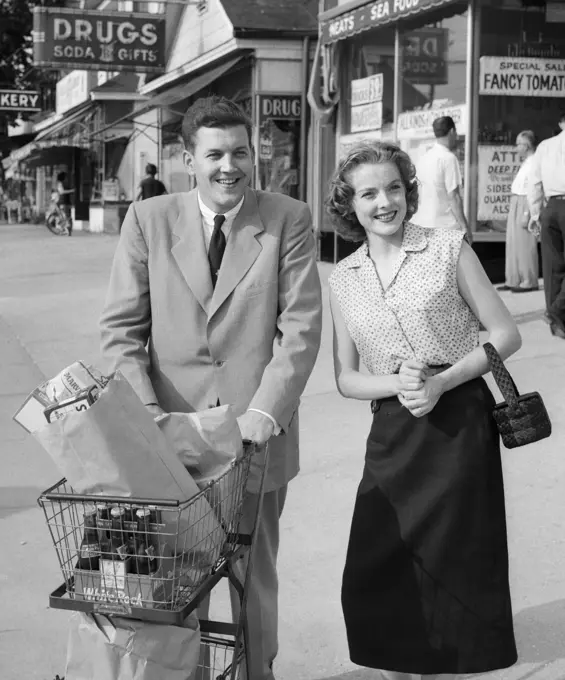 1950S Happy Smiling Couple Man Woman Pushing Grocery Cart