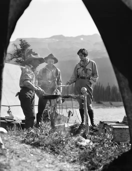 1930S Campsite Bow Lake Alberta Canada 2 Men 1 Woman Around Campfire