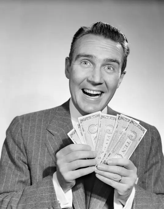 1950S Man In Suit Holding Money Exaggerated Smile